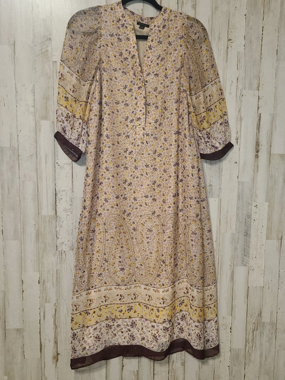 Ann Taylor size S Floral Midi Dress Chiffon Puff 3/4 sleeve Button Henley